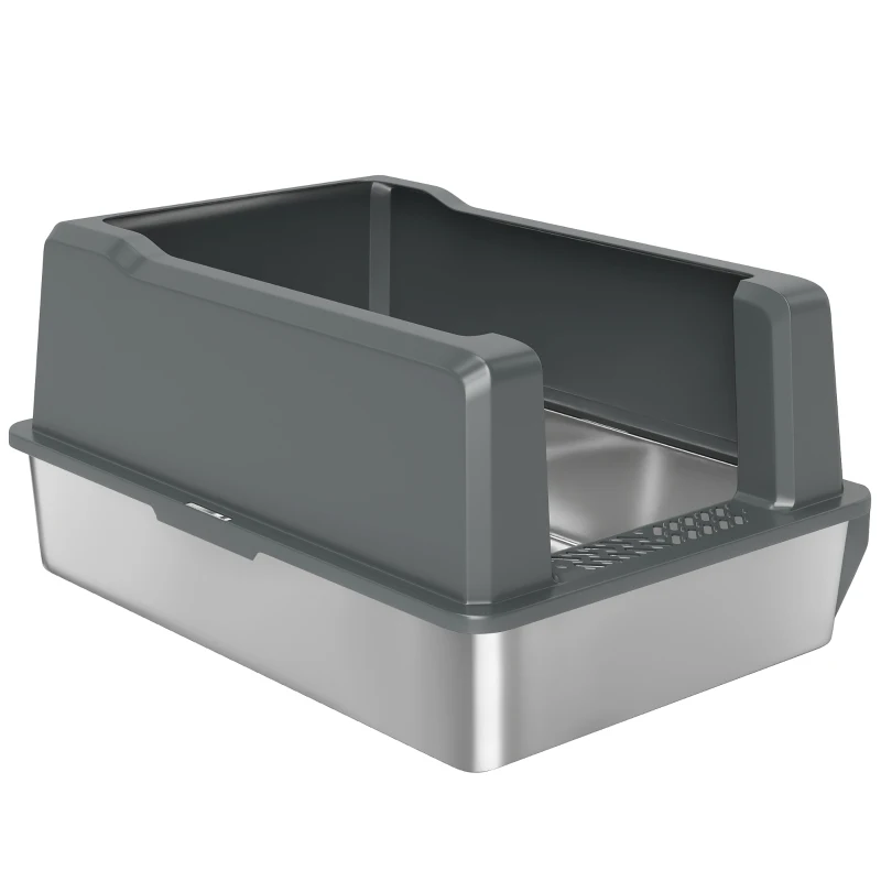 PawHut Bac à litière pour chat en acier inoxydable 85L grande capacité maison de toilette semi-fermée, 71 x 50,8 x 35,5 cm gris
