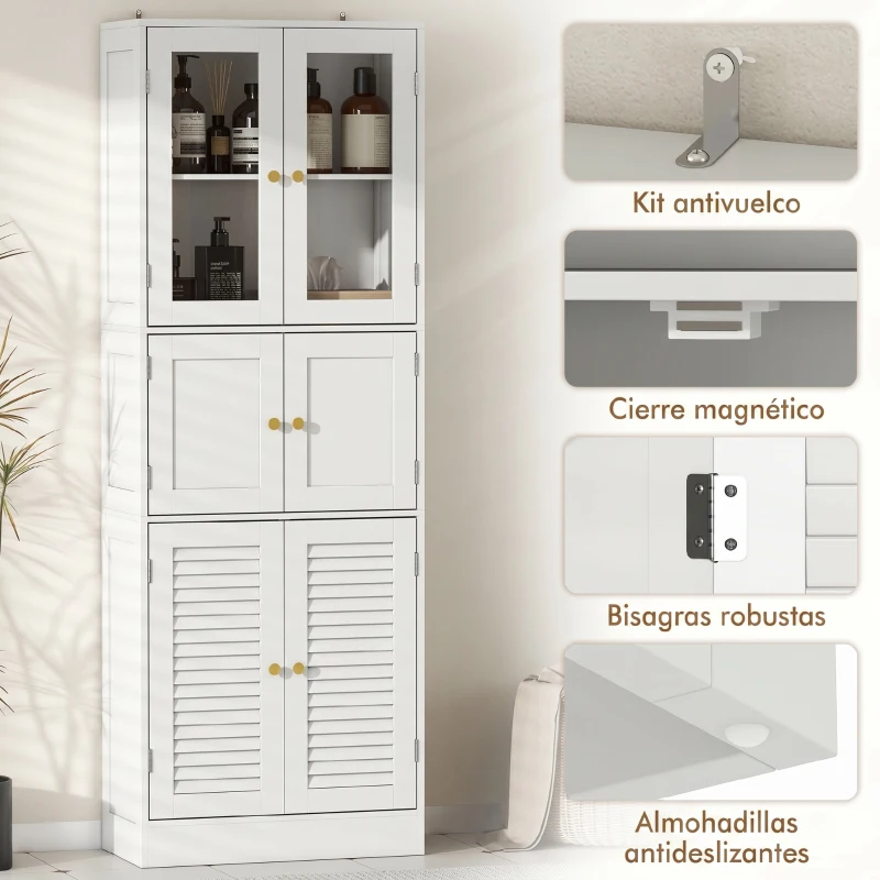 HOMCOM Columna de Baño Estrecha con Puertas de Vidrio Puertas de Lamas Estantes Ajustables 60x30x170 cm Blanco