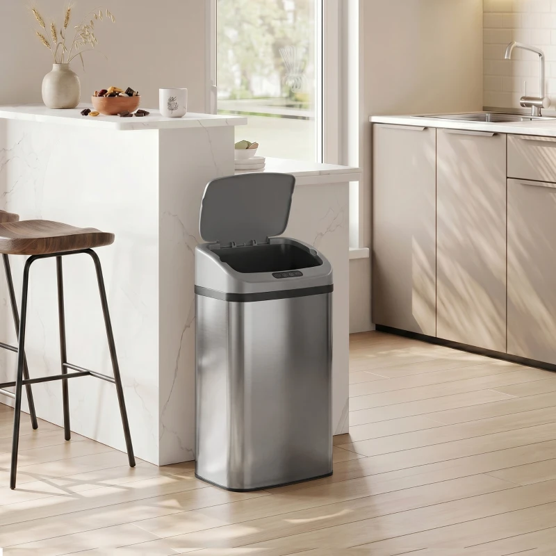 HOMCOM Cubo de Basura Cocina Automático 48 L Sensor Infrarrojo Cierre Automático Antihuellas Acero Inoxidable Plata