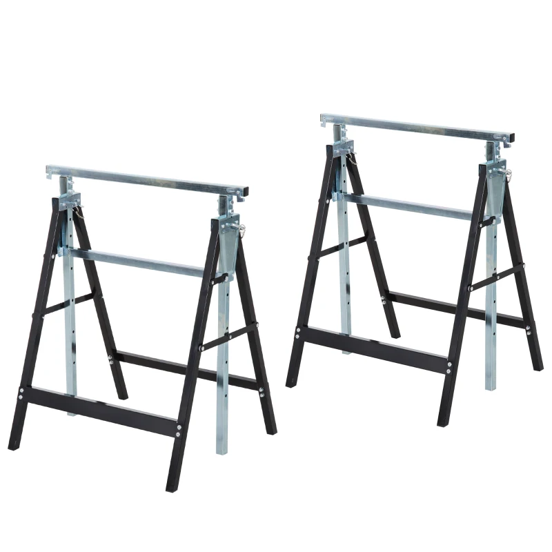 HOMCOM Set 2 Cavalletti da Lavoro Pieghevoli Portata 200 kg, Altezza Regolabili 80-130 cm, Cavalletti Telescopici Salvaspazio in Acciaio per Fai da Te, Garage e Giardino, Nero