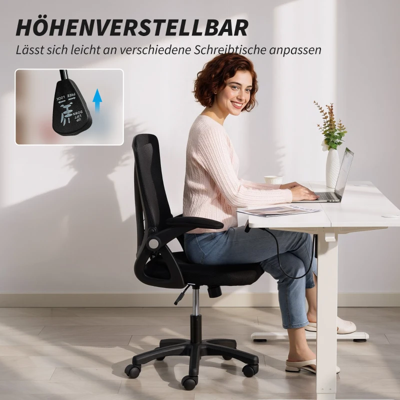 HOMCOM Fotel biurowy Ergonomiczny regulowany fotel biurkowy z podnoszonymi podłokietnikami, podparciem lędźwiowym, czarny