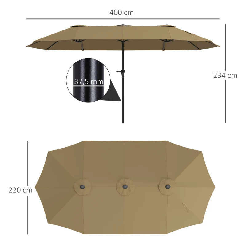 Outsunny Sombrilla Doble 4x2,2 m Sombrilla Terraza Exterior con Manivela Manual Impermeable y Protección UV30+ Café