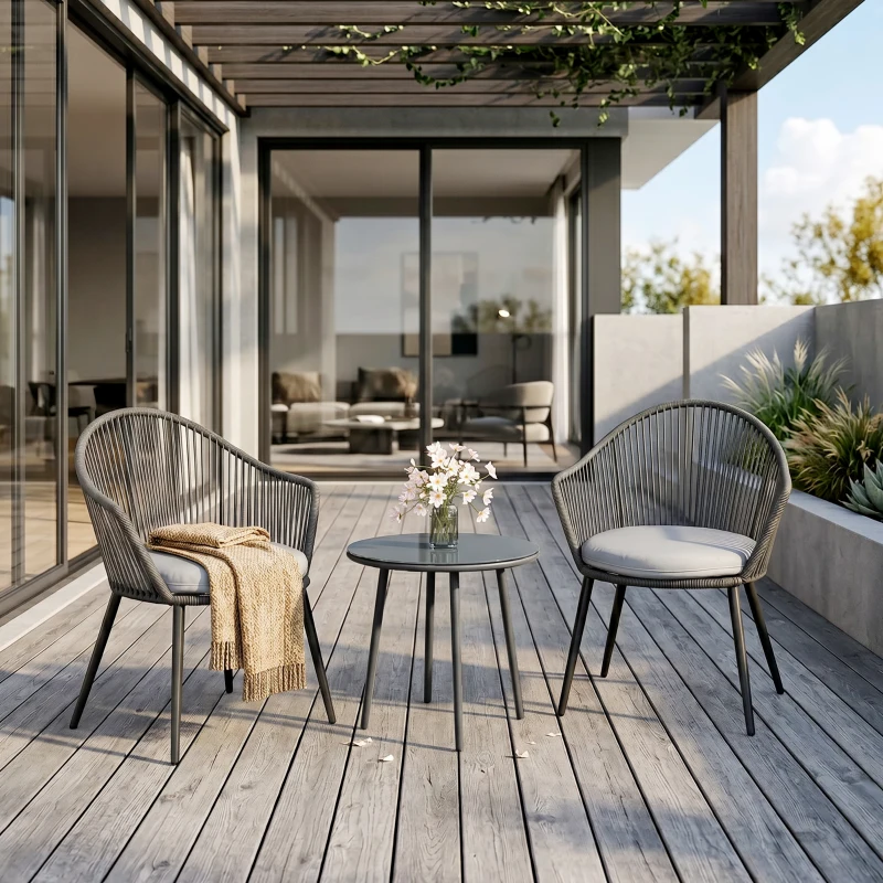 Outsunny Ensemble de jardin salon de jardin en résine tressée cadre en acier 2 fauteuils + 1 table basse coussins inclus gris