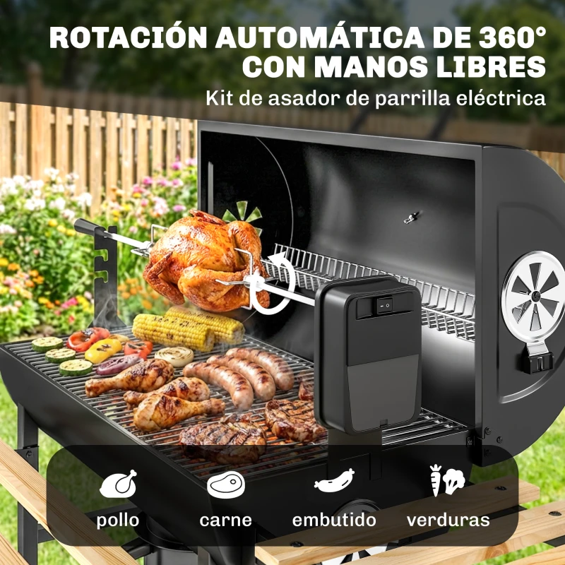 Outsunny Barbacoa de Carbón Portátil Barbacoa Carbón Barril con Asador Eléctrico Estantes Plegables Ruedas Termómetro