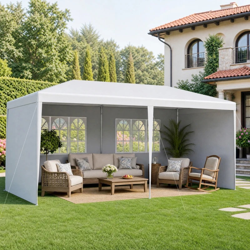 Outsunny Carpa de Jardín 6x3m con 4 Paredes Laterales 2 Ventanas Visibles Cenador Gazebo de Exterior para Fiestas Eventos Blanco