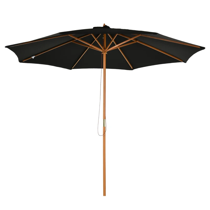 Outsunny Ombrellone da Giardino 3 m con Palo in Legno, 8 Stecche e Parasole in Poliestere, Nero