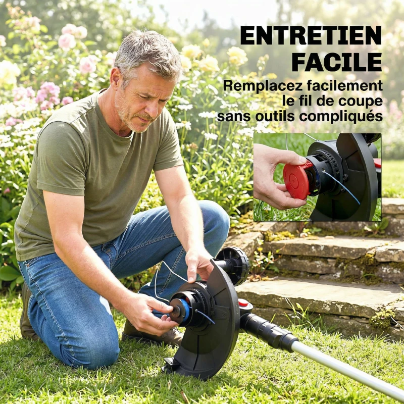 Outsunny Coupe-Bordures sans Fil 18V, 2 Batteries 4,0 Ah, Chargeur, Coupe 25 cm, Manche Télescopique, 124x32x19cm, Argent