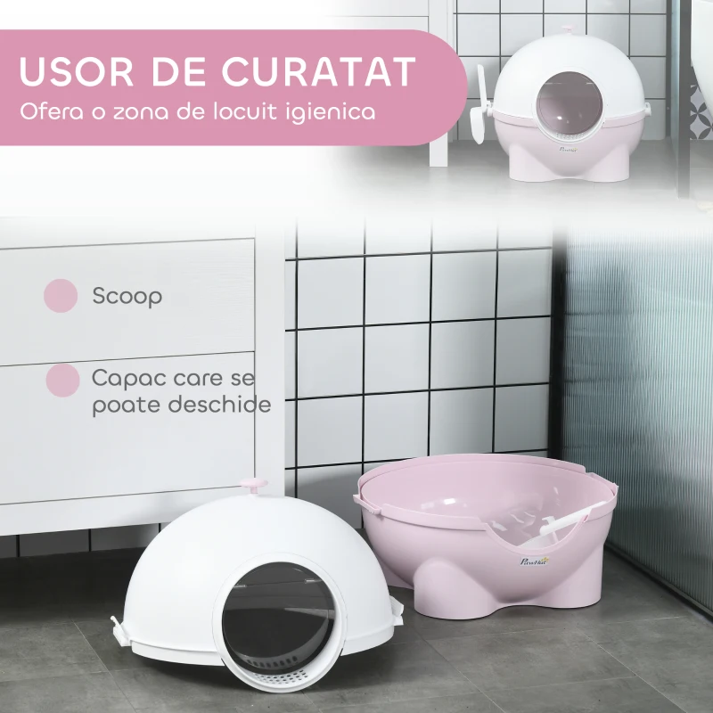 PawHut Litiere pentru Pisici 4kg Max cu Capac și Lopățică Inclusă, 53x51x48 cm, Albă și Roz