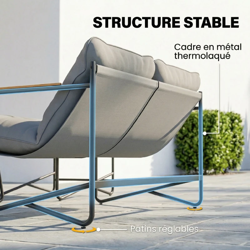 Outsunny Salon de Jardin 4 Pièces Ensemble avec Canapé 2 Places, 2 Fauteuils et Table Basse Verre Trempé Coussins 13cm Gris Clair