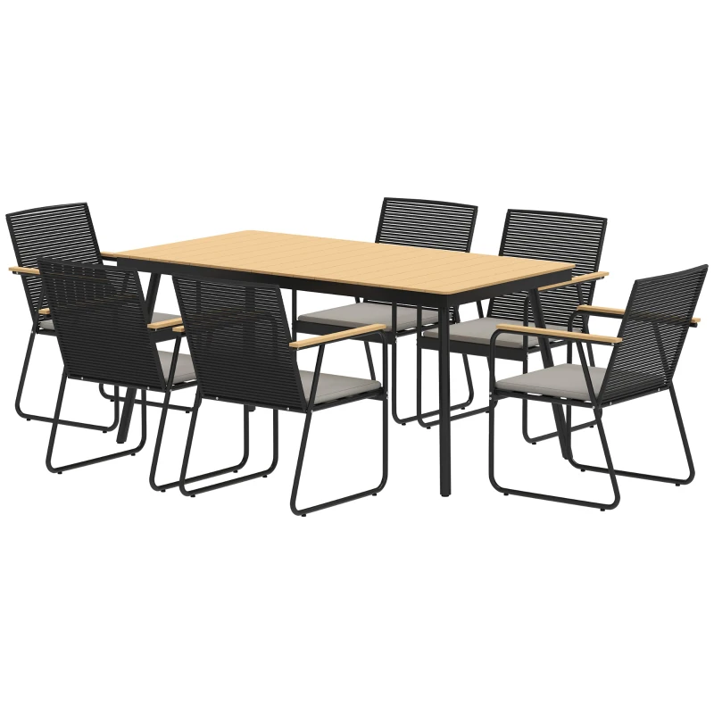 Outsunny 6‑Seater Garden Dining Set with Cushions, Rattan Backrest, Plastic Top, Garden Furniture Set, Natural Wood Finish