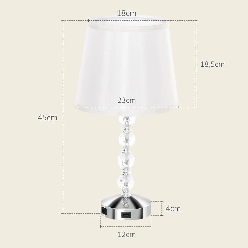 HOMCOM Lampada da Tavolo con Cristalli e Porta USB, in Metallo, Vetro e Poliestere, Ø23x45 cm, Bianco e Argento