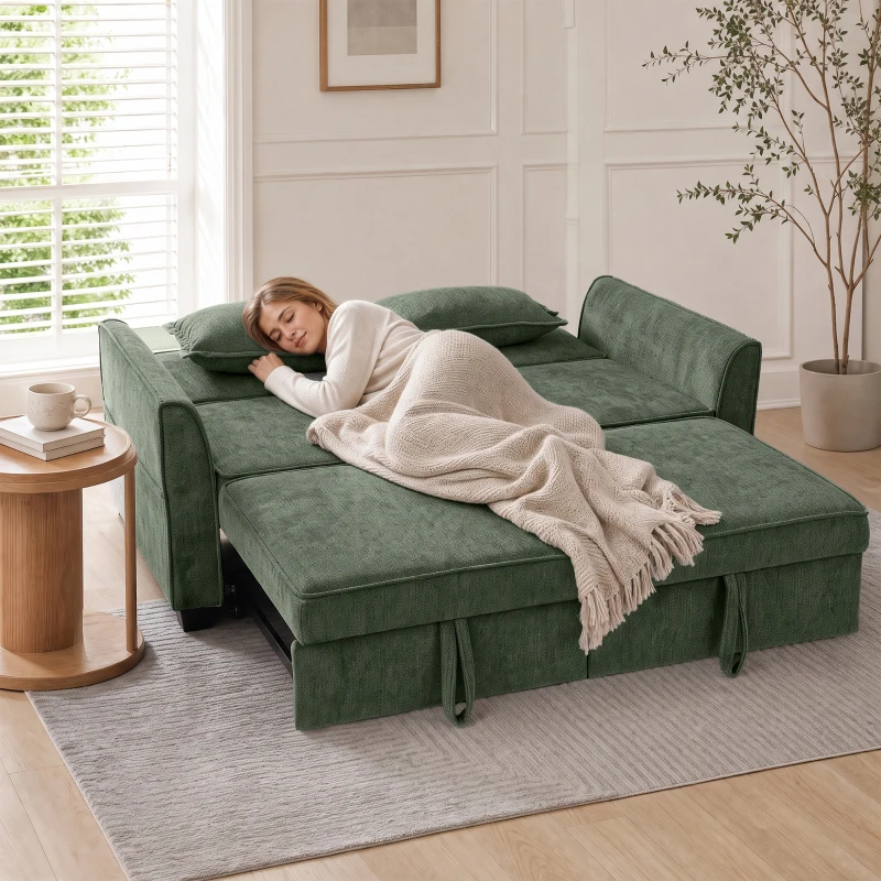 HOMCOM 2 Seater Sofa Bed, 4-in-1 L-Shaped Convertible Pull-Out Sleeper Sofa with Adjustable Backrest Side Pockets, Dark Green