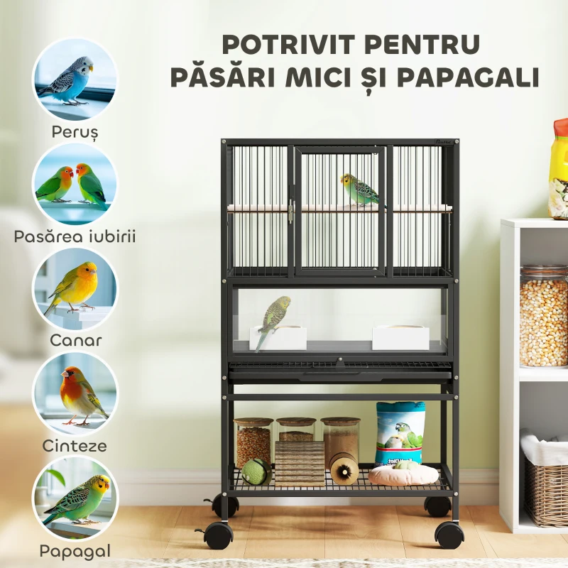 PawHut Cușcă pentru Păsări cu Raft Inferior, Vas și Grilă Detașabile, din Oțel și PP, 48x46x83 cm, Negru