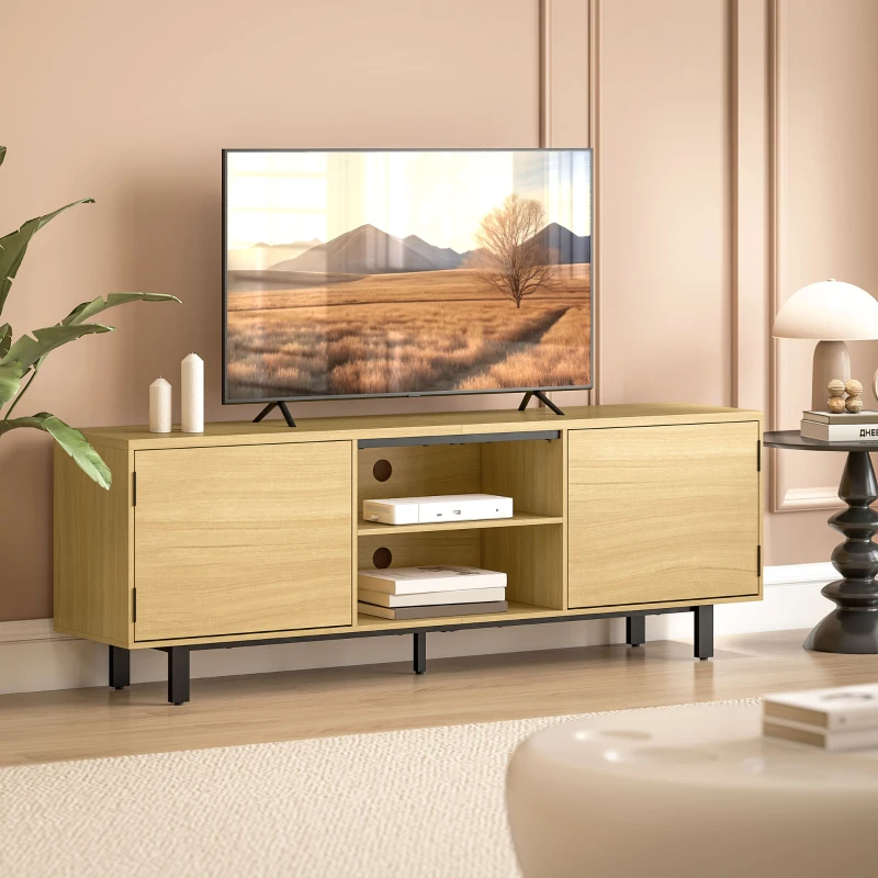 HOMCOM Meuble TV, meuble télé jusqu'à 65 pouces, 2 portes à ouverture par pression et 2 étagères, 160x35x55,5cm, bois naturel