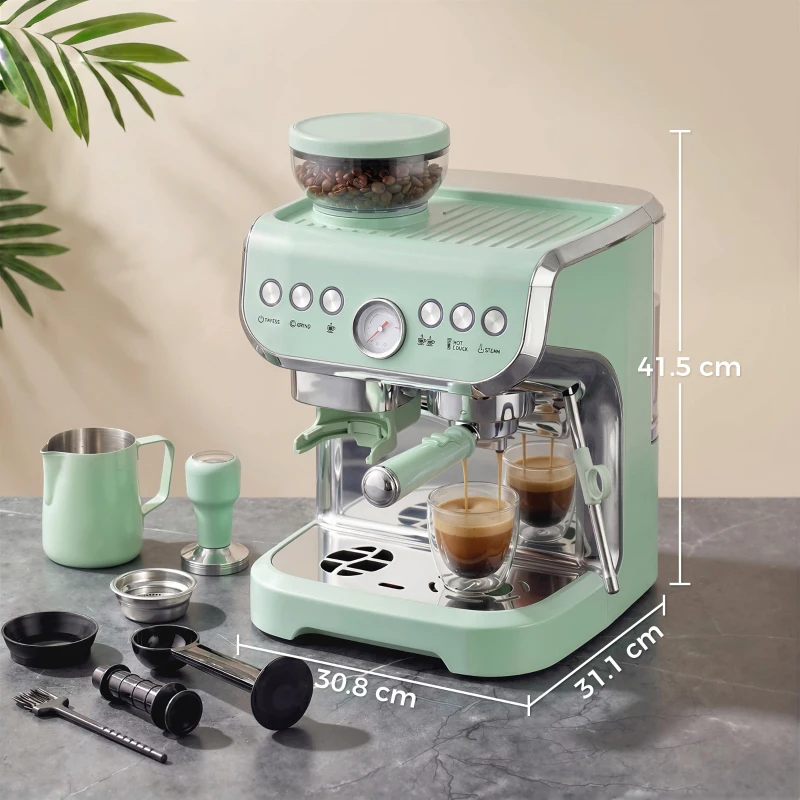 HOMCOM 15 Bar Coffee Machine, with Adjustable Grind, Steamer and Accessories - Light Green