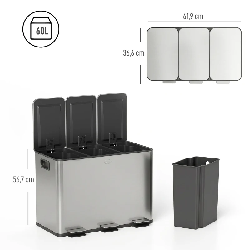 HOMCOM Bidone Immondizia a 3 Sezioni da 20L con Chiusura Silenziosa, in Acciaio Inox e PP, 61.9x36.6x56.7 cm
