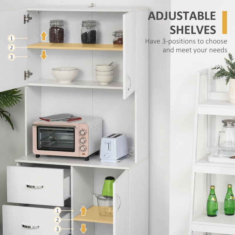 HOMCOM 183.5cm Free standing Kitchen Cupboard, Storage Cabinet with Doors and Sheleves, 3 drawers and Open Space, Adjustable Height Storage Unit, White