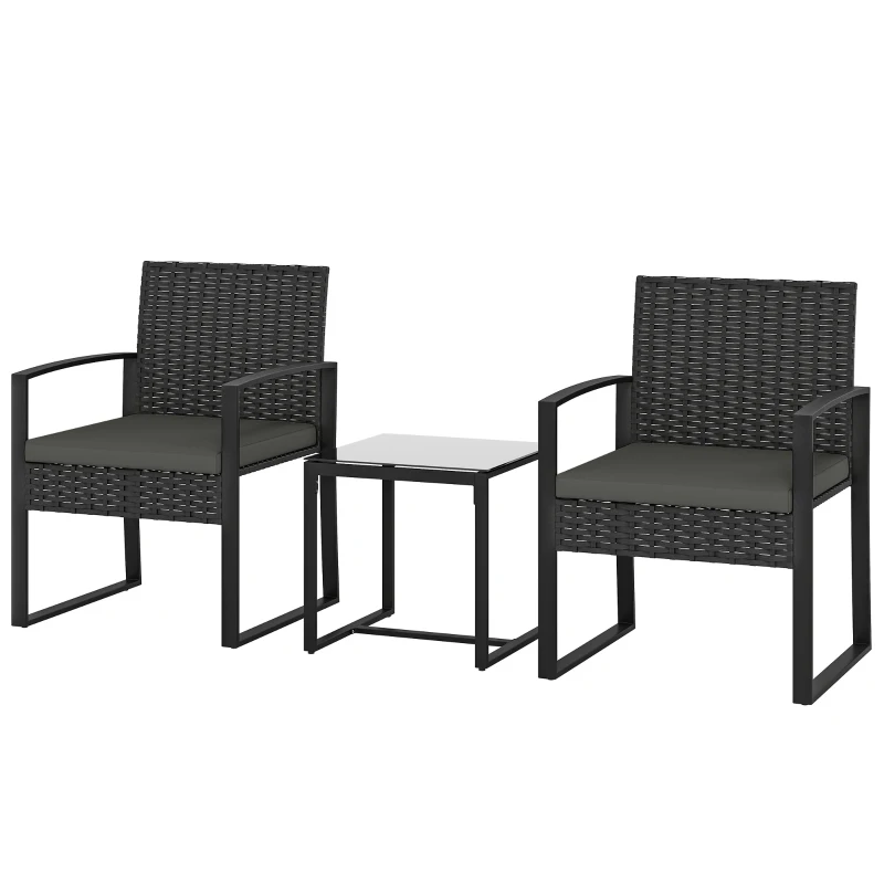 Outsunny Rattan Bistro Set, 3 Piece Garden Furniture Set with Glass Top Table and Cushions, Dark Grey