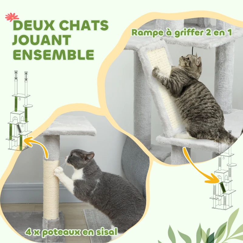 PawHut Arbre à chat du sol au plafond griffoir pour chat hauteur réglable 225-255 cm 6 niveaux avec niche hamac gris clair