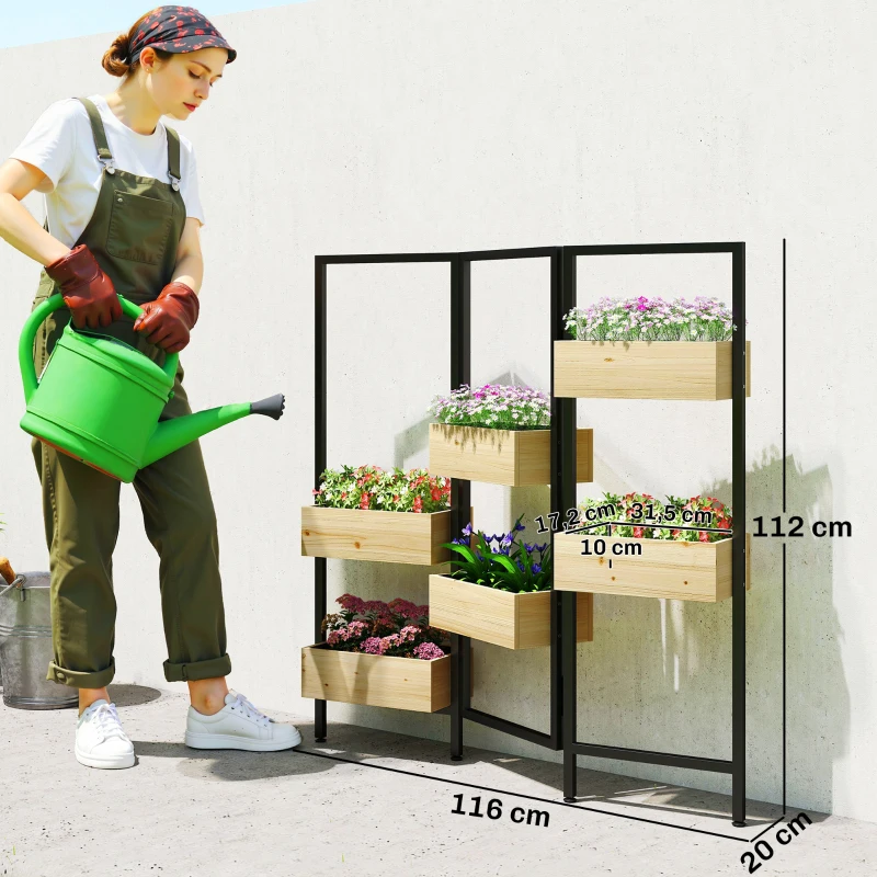 Outsunny Blumenkasten mit Sichtschutz, Hochbeet mit Klappbarem Spalier, 6 Pflanzkästen mit Ablauflöchern, Stahl