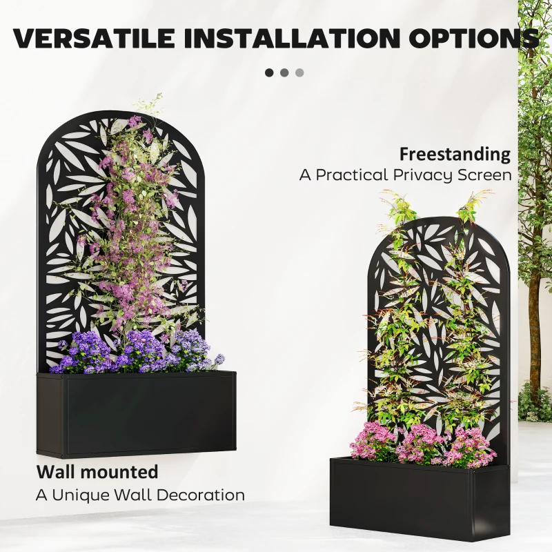 Outsunny Metal Garden Bed for Garden with Trellis, Wall Mounted or Freestanding Raised Planter with Curved Privacy Screen