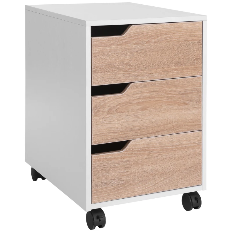 HOMCOM Rollcontainer, Aktenschrank, Bürocontainer mit 3 Schubladen, Büroschrank, Aufbewahrung, Container,4 Universalräder, MDF, Natur+Weiß, 40 x 50 x 57,5 cm