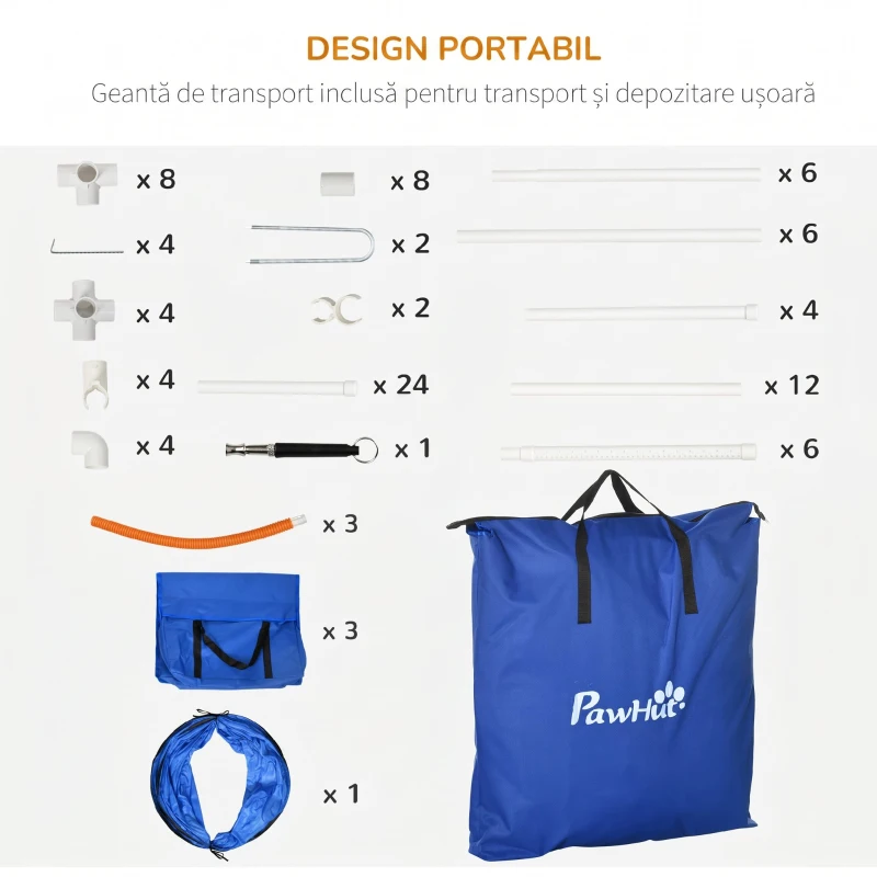 PawHut Set de Agilitate pentru Câini, 7 Piese, cu Fluier și Geantă de Transport, din Plastic și ABS, 89x69x99 cm, Alb Portocaliu Albastru