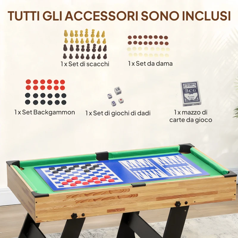 SPORTNOW Tavolo da Gioco 13 in 1 Pieghevole con Calciobalilla, Ping Pong, Hockey, Biliardo, Scacchi e Altri, Noce