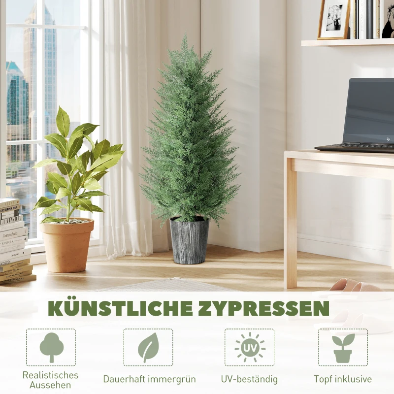 HOMCOM 2er Set Künstliche Zypressenbäume groß 90cm Kunstpflanze, Plastik Künstliche Pflanzen im Topf 15 x 15 x 90 cm Grün