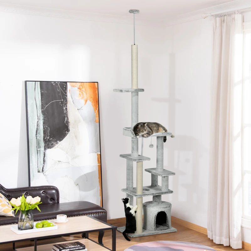 PawHut Albero Tiragraffi per Gatti a Soffitto con Piattaforme e Casetta, 60x40x225-255cm, Grigio