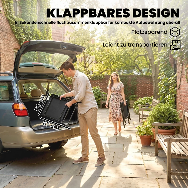 Outsunny 2er-Set Klappstuhl Gartenstuhl klappbar mit hoher Rückenlehne Armlehne Stahl Texteline 58 x 62 x 97 cm Schwarz