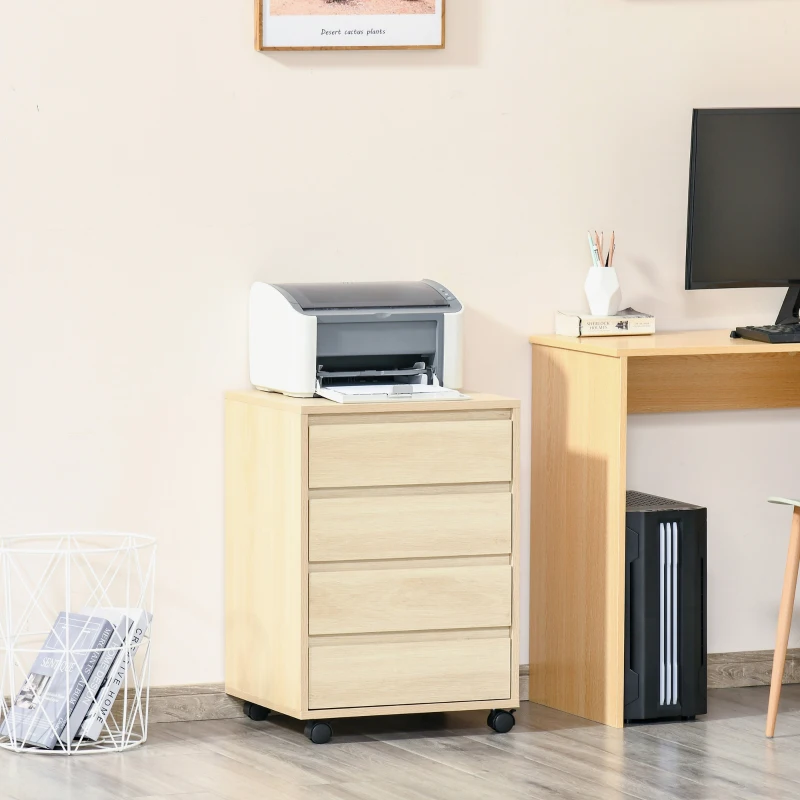HOMCOM Rollcontainer Aktenschrank Büroschrank mit 4 Schubladen Lagerschrank Aufbewahrung Container MDF Natur 46 x 40 x 65 cm