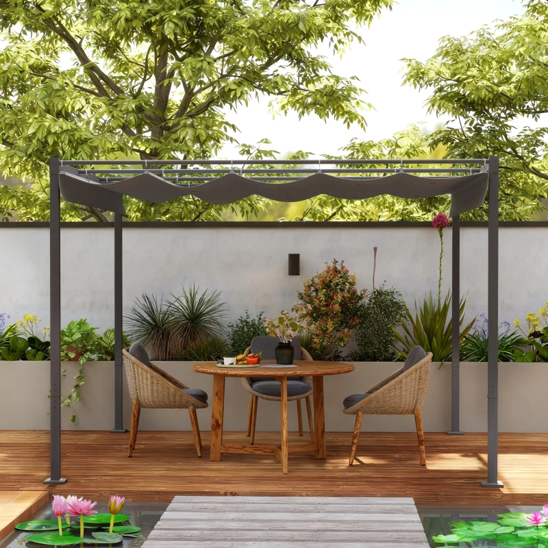 Outsunny Pérgola con Techo Retráctil Pérgola de 3x3 m con Cierre Magnético Protección UV30+ Pabellón para Jardín Patio Gris