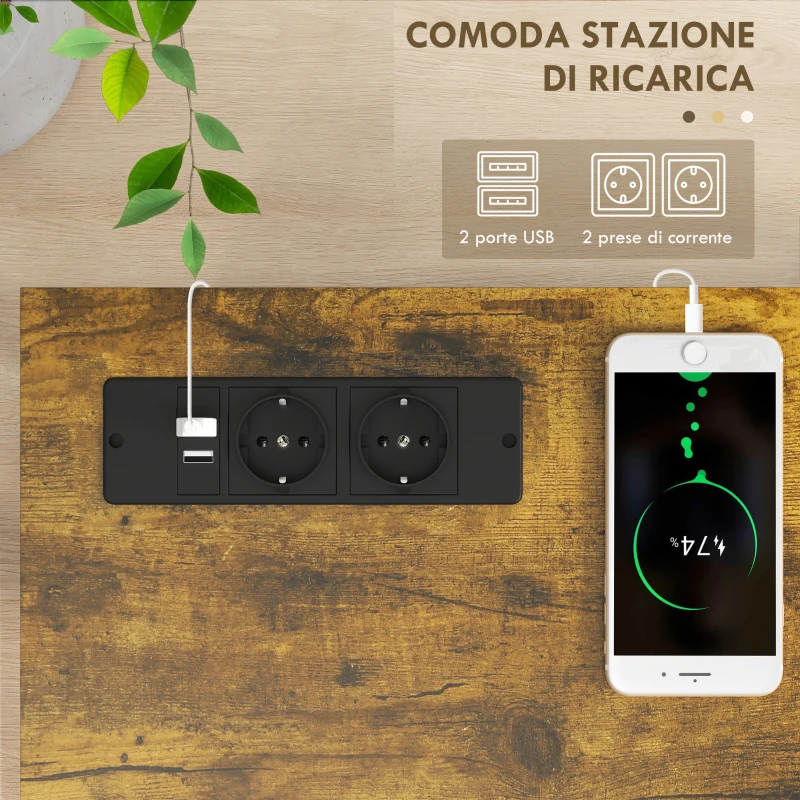 HOMCOM Consolle da Ingresso Stile Industriale con Prese di Corrente e USB, Legno e Acciaio, 100x24x75cm, Marrone