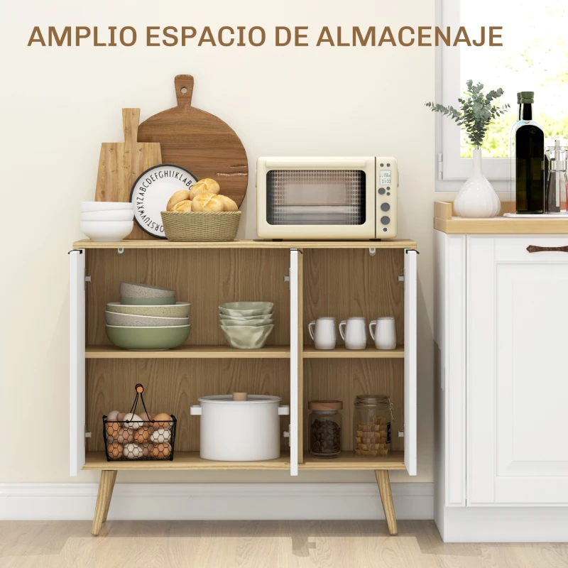 HOMCOM Mueble Buffet Auxiliar con Estantes Ajustables 3 Puertas Carga 50 kg 91,5x35x77,4 cm Blanco y Natural