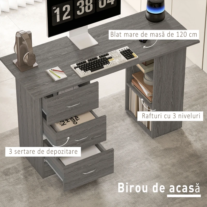 HOMCOM Birou pentru PC cu 3 Sertare și 3 Rafturi, Birou pentru Cameră și Birou din MDF 120x49x72 cm, Gri