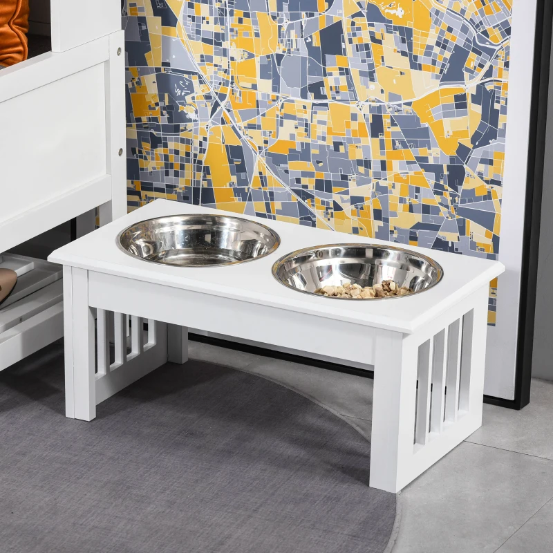 PawHut Gamelles chiens surélevées gamelle double chien chat Porte-gamelles surélevé dim. 44L x 24l x 15H cm 2 gamelles 0,9L acier inox. incluses bois blanc