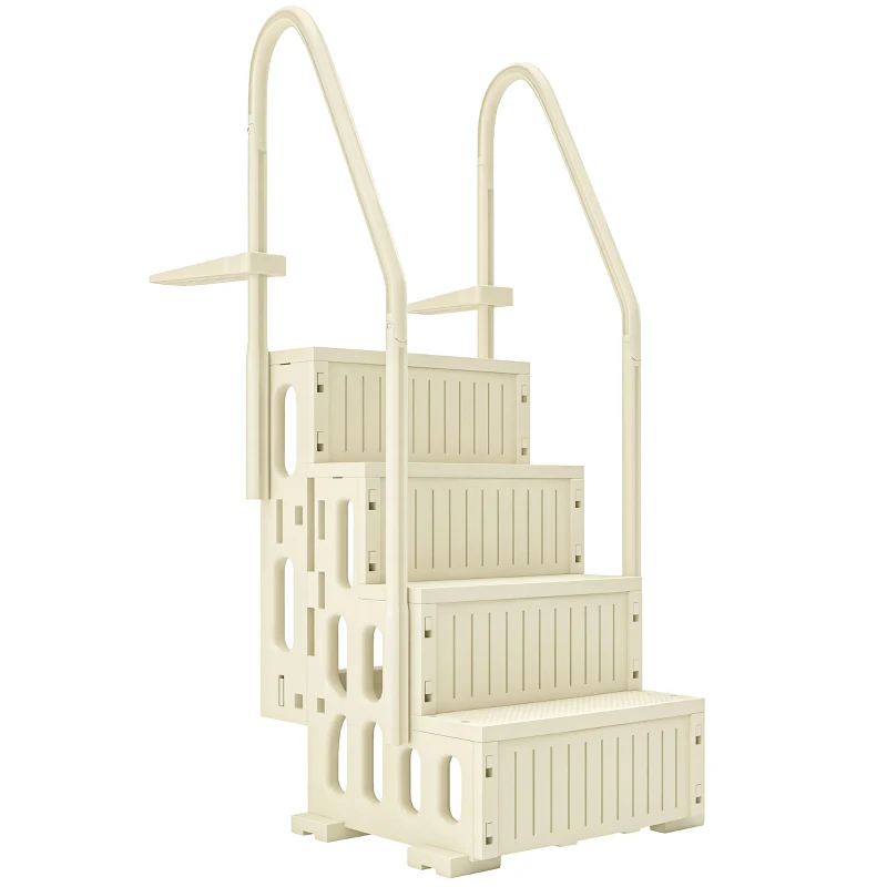 Outsunny Escalier de Piscine en HDPE avec 2 Rampes et 4 Marches pour Piscine Creusée 117-147 cm, 80,8x86x198,5cm, Crème