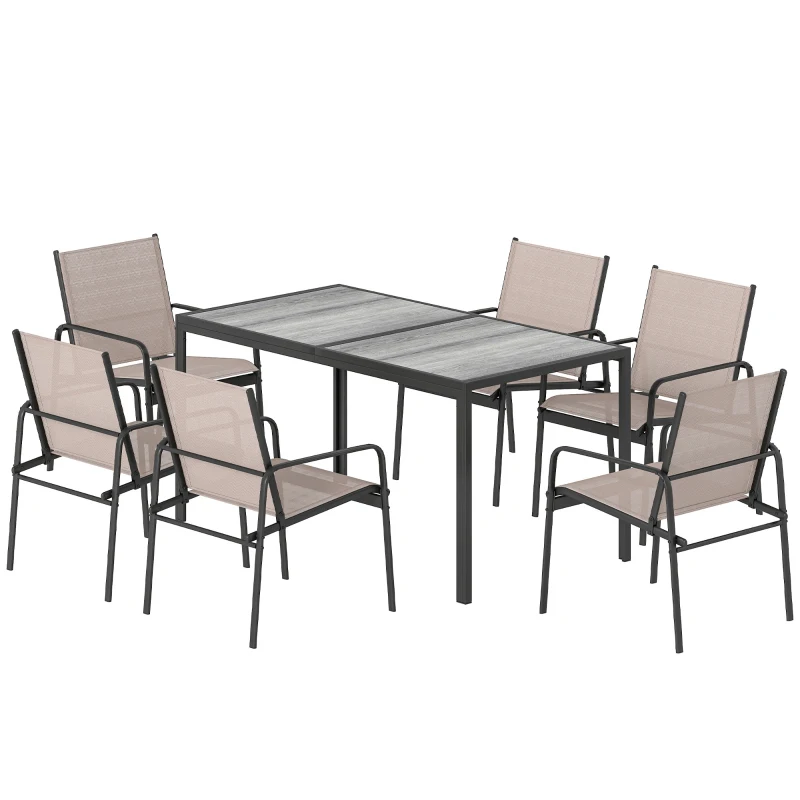 Outsunny Conjunto de Mesa y Sillas Jardín con Mesa de Efecto Madera y 6 Sillas con Asiento Transpirable para Terraza Patio Caqui