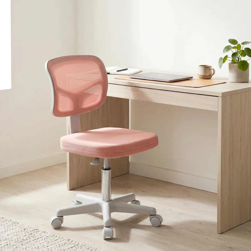 Vinsetto Chaise de Bureau Ergonomique Sans Accoudoirs, Fauteuil de Bureau Pivotant, Dossier Courbé en Maille et Roulettes, Rose
