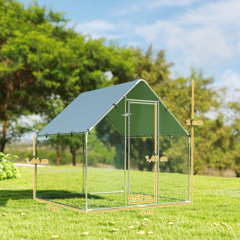 PawHut Pollaio per Galline da Esterno con Tetto e Serrature, in Acciaio Zincato, 2x2x2 m, Argento