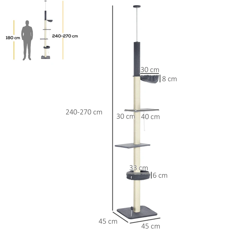 PawHut 240-270cm Floor-To-Ceiling Cat Tree, 5 Tier Cat Climbing Tower, with Bed, Hammock, Platforms, Dark Grey and Cream