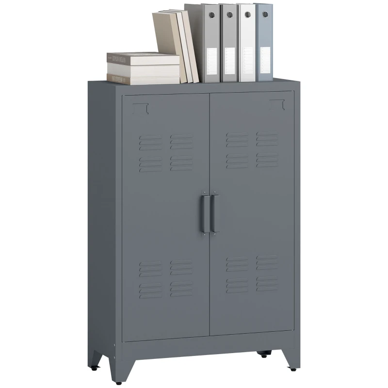 HOMCOM Aktenschrank mit Lamellentüren, Lagerschrank, Metallschrank mit 2 verstellbaren Einlegeböden, 75 x 33 x 110 cm, Grau
