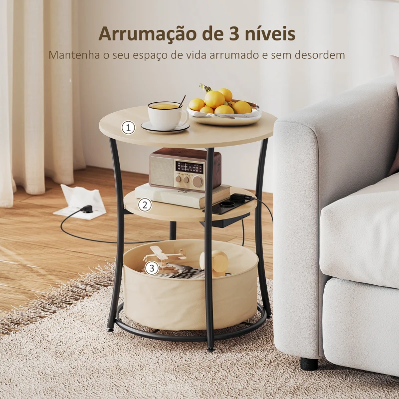 HOMCOM Mesa Auxiliar Redonda de 3 Níveis com Estação de Carregamento Mesa Auxiliar Industrial com 2 Prateleiras Abertas Ø50x55,1 cm Madeira e Preto