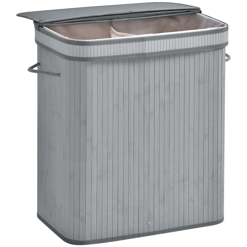 HOMCOM 100L Natural Wood Laundry Basket A Compartment w/Flip Lid Removable Lining Handles Board Base Foldable Durable Water-Resistant Dirty Clothes Storage Home Organisation Grey