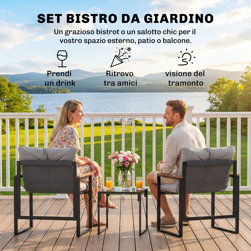 Outsunny Set Tavolo e Sedie da Esterno per 3 Persone in Metallo con Cuscini Spessi, Multicolore