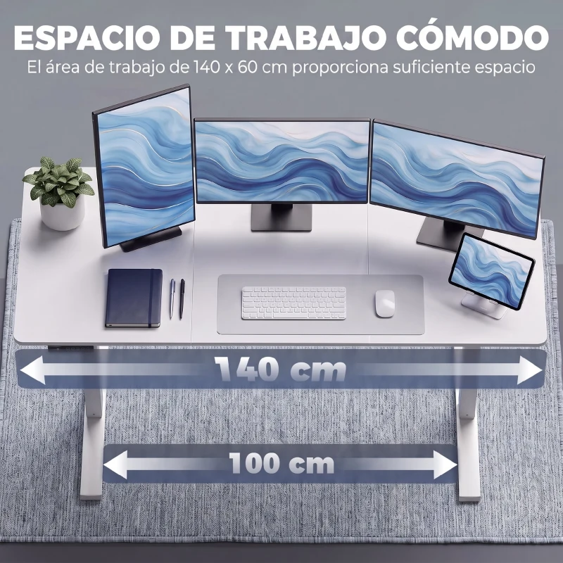 HOMCOM Escritorio Elevable Eléctrico 140x60 cm con 3 Memorias Pantalla LED 2 Ganchos y 2 Pasacables Blanco