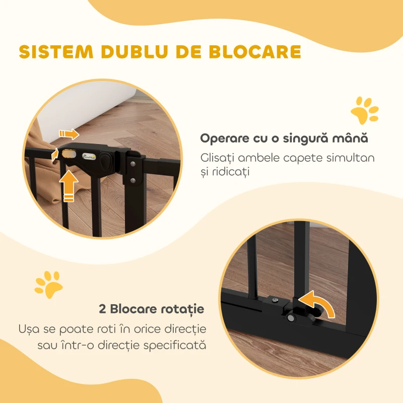 PawHut Barieră pentru Câini și Animale de Companie cu Închidere Automată pentru Scări și Intrări, 68x77 cm, Negru
