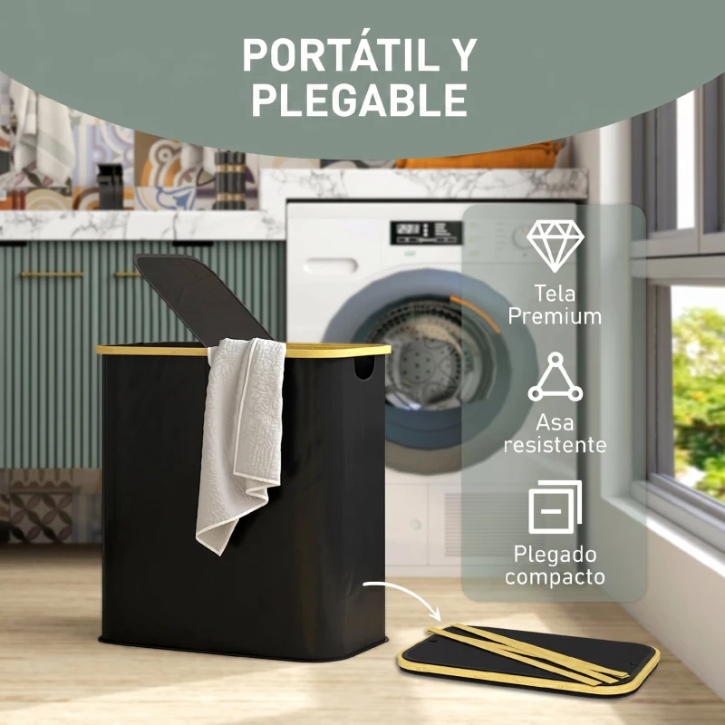 HOMCOM Cesto de Ropa Sucia Plegable con Tapa 80 L de Tela no Tejida 2 Compartimentos Asas 54x34x58,5 cm Negro