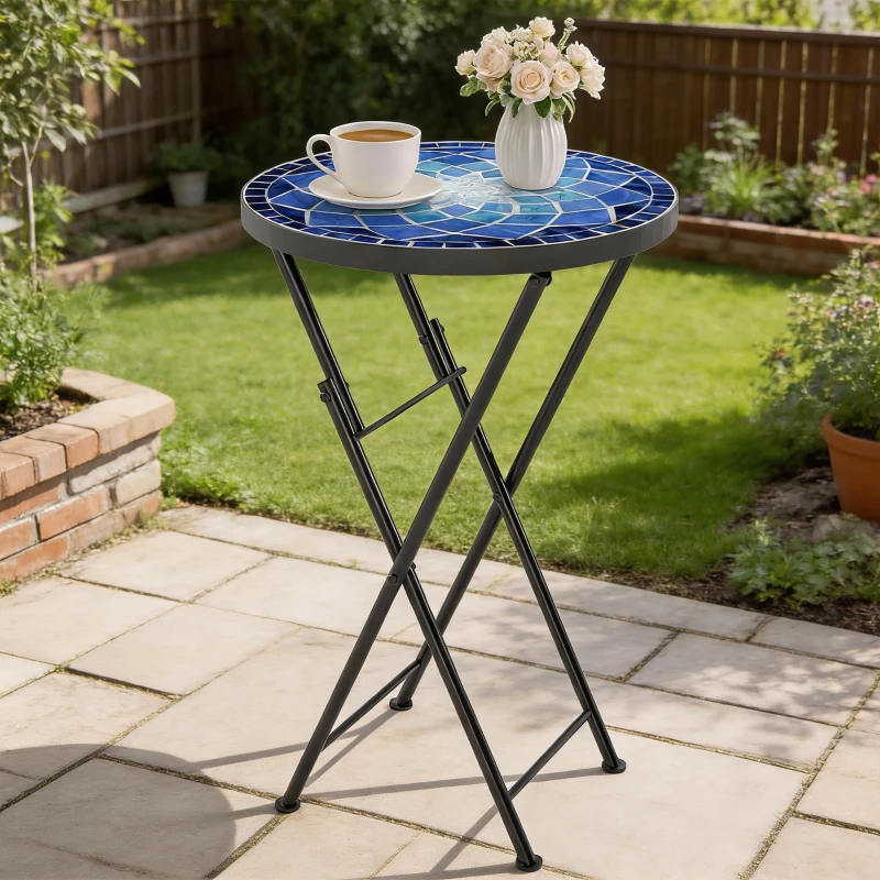Outsunny Mosaic Outdoor Garden Table, 35.5cm Round Folding Coffee Table with Metal Frame for Balcony Terrace, Navy Blue
